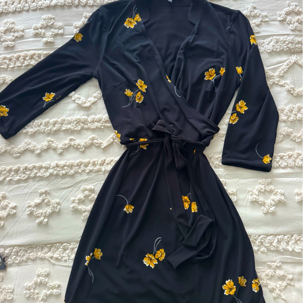 WHBM Elegant Black Floral Wrap Dress